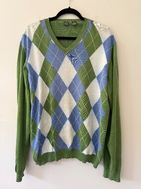 Saks 5th Avenue Mens Cotton Argyle Neck Lightweight Sweater Kelly Green Office